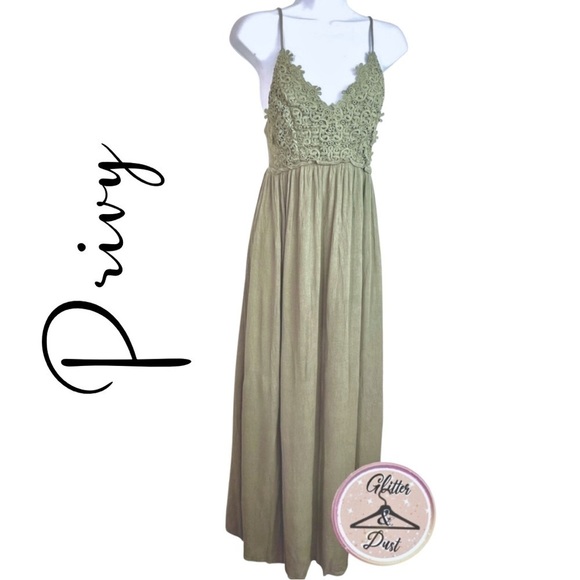 Privy Crochet Bodice Olive Crepe Maxi Sundress - Picture 1 of 7